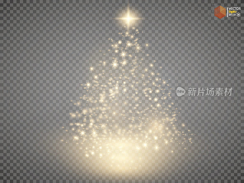 圣诞树做成了，金色闪闪的散景灯闪闪发光。闪亮的恒星，太阳粒子火花与镜头耀斑效应