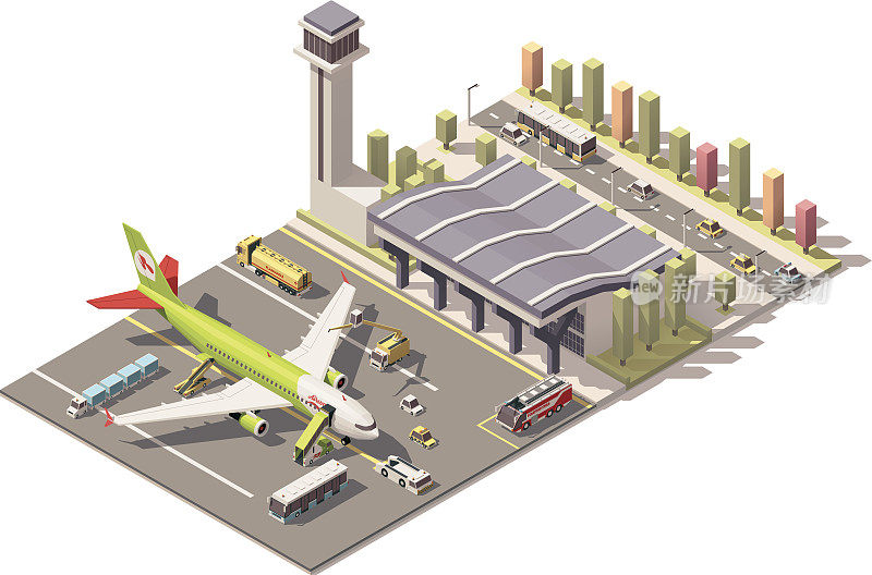 向量等距低多边形机场候机楼与飞机