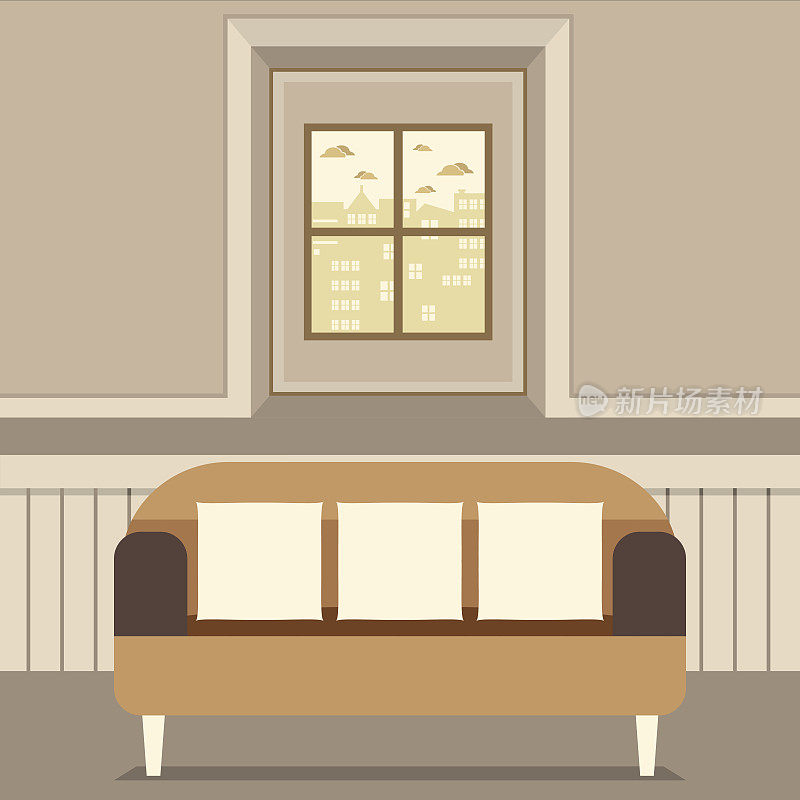 窗户前空荡荡的棕色沙发