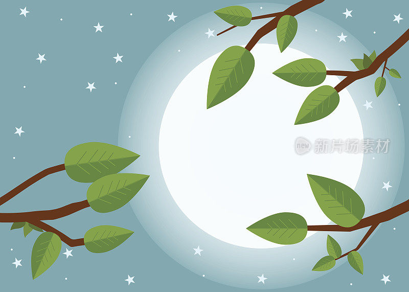 卡通日落。平面矢量插图，树木，树叶，月亮和夜晚。