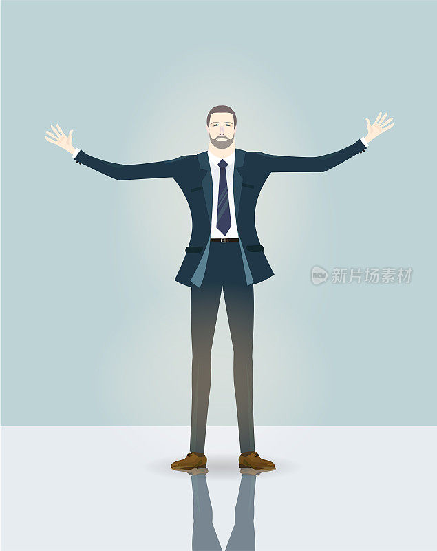成功的商人在成长图表前张开双手。获胜，领导和成功的主题插图。
