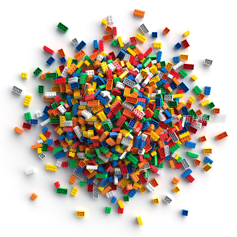一堆彩色玩具积木。三维渲染