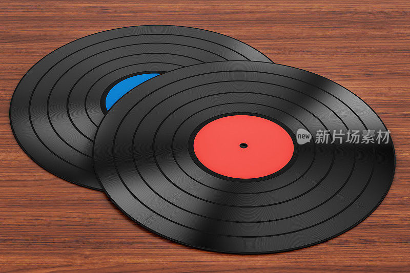 木桌上放着黑胶唱片。三维渲染