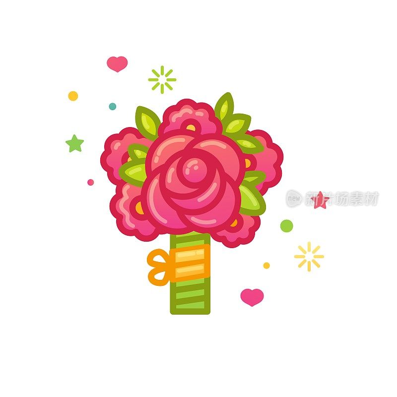 设计图标与可爱的花束。在花店的横幅或促销上贴上心形标志的花。情人节快乐。向量
