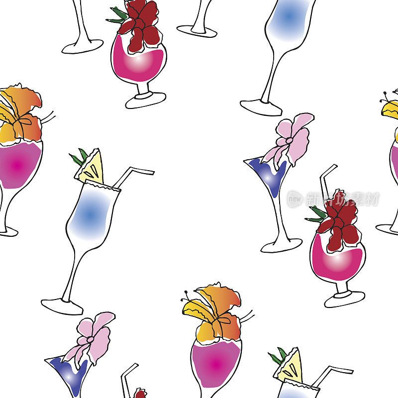 鸡尾酒与花和菠萝图案手绘