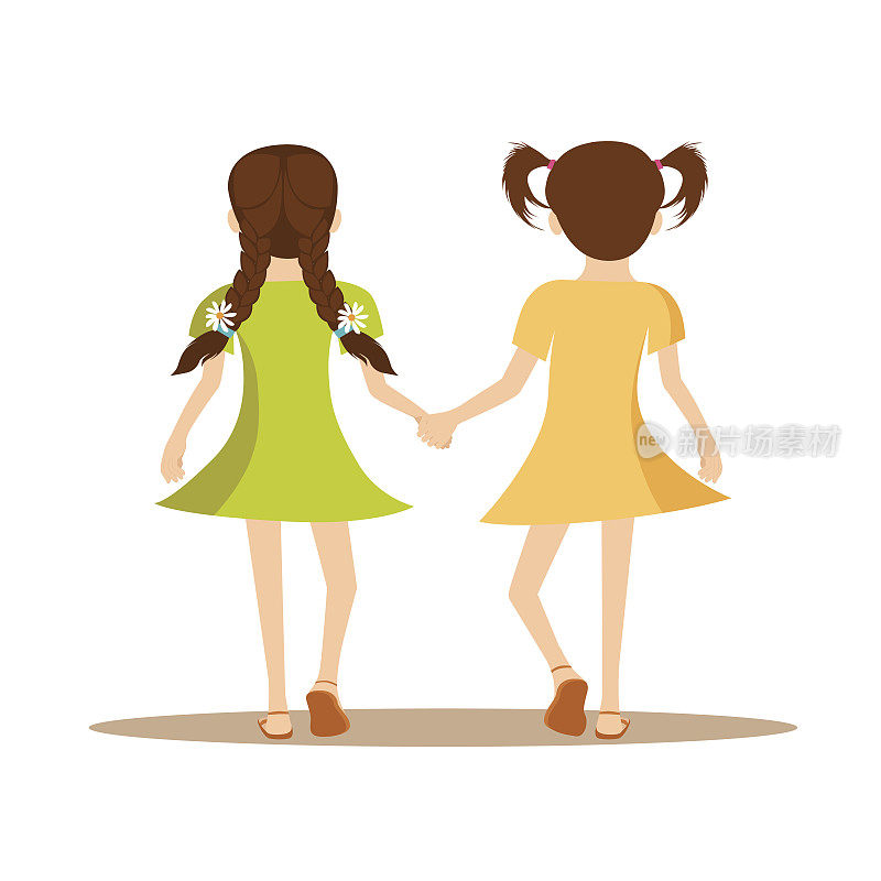 两个可爱的女孩手牵手的后视图。友谊日
