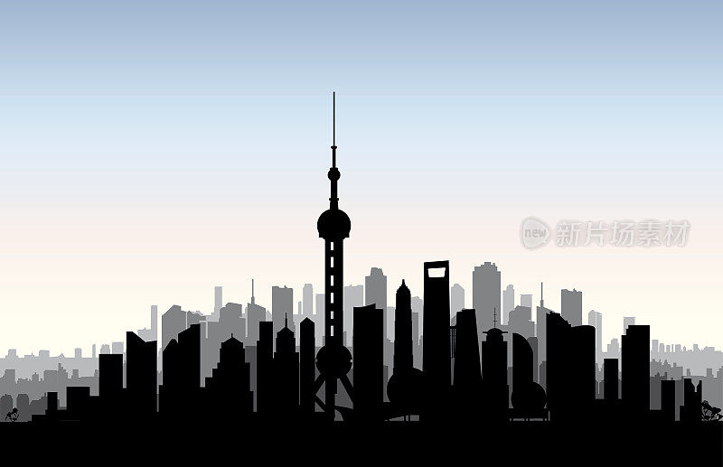 上海城市天际线。中国的城市景观。上海城市景观与地标。中国旅游的背景。在亚洲度假墙纸与建筑物剪影。
