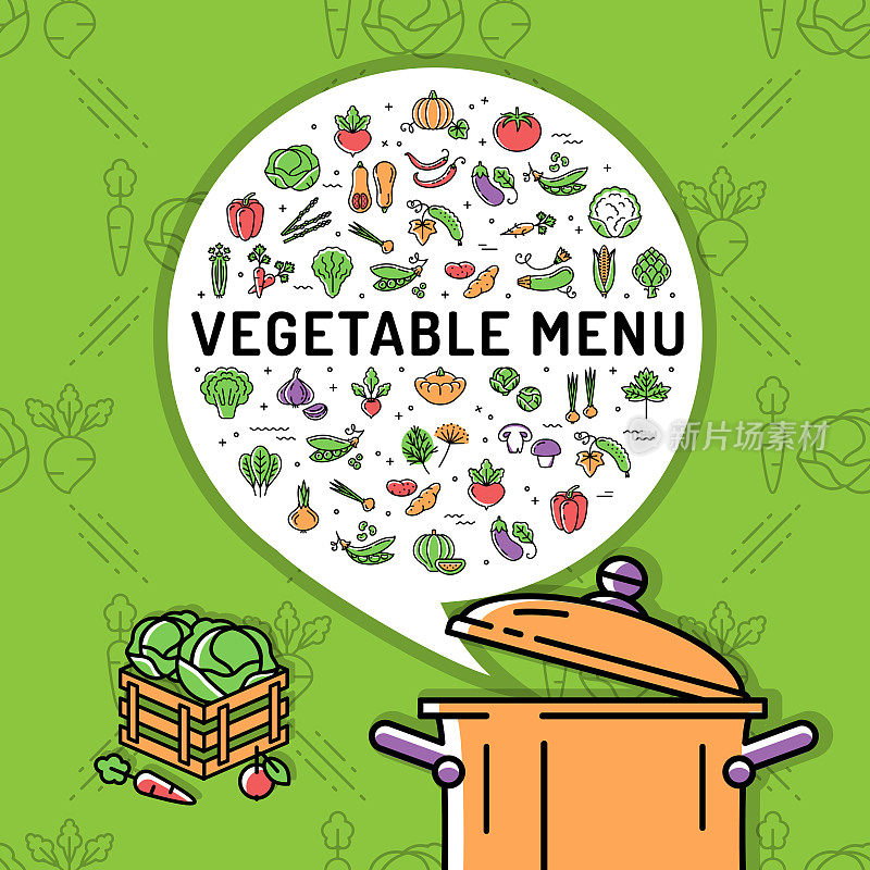 蔬菜菜单卡。蔬菜细线图标，烹饪锅，平底锅