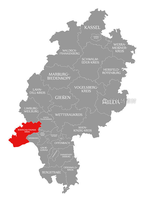 莱茵高-陶努斯-克瑞斯县在德国黑森地图中用红色标出