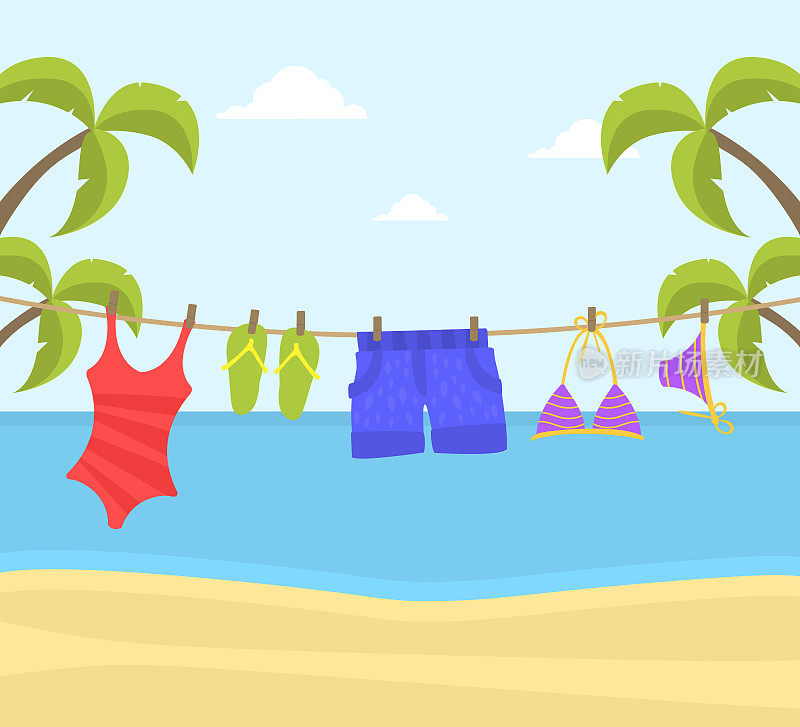 海滩衣服挂在绳子上，泳衣和人字拖在美丽的海边风景背景矢量插图上的晾衣绳上