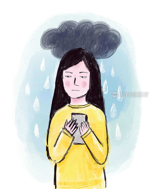 带着手机和雨云的伤心女孩
