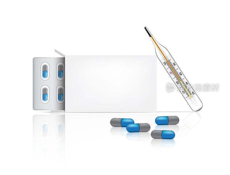 模拟真实的胶囊药丸药物在白色背景与盒子包装和温度计发烧检查。医院工具设计矢量插图。片剂医疗保健理念。