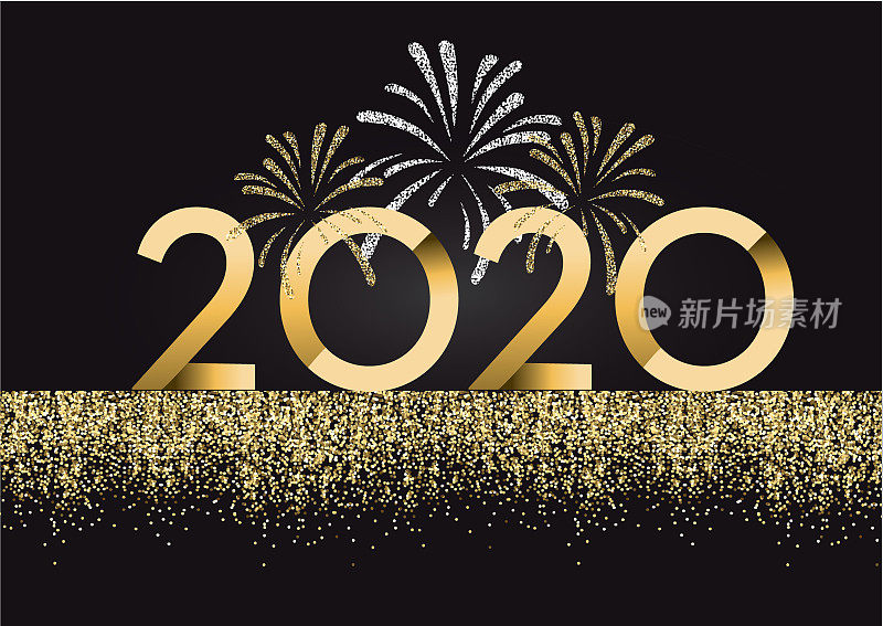 2020年新年快乐贺卡横幅设计在金色和闪闪发光的文字