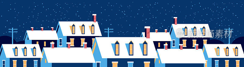 冬天的房子在屋顶上有雪，晚上下雪的村庄街道快乐圣诞快乐新年贺卡平横横幅