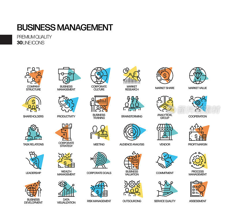 与业务管理相关的聚光灯矢量线图标的简单设置。大纲符号集合。