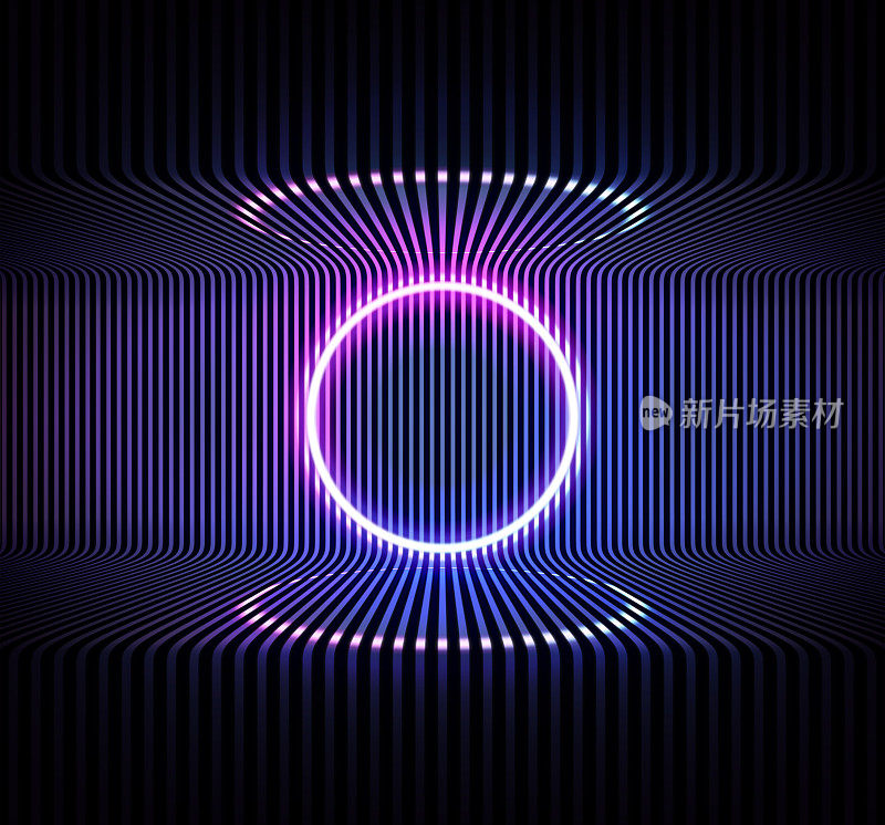 霓虹色几何圆上的金属条纹图案背景。圆形神秘入口，发光线，霓虹灯。蓝色和粉色的霓虹灯反射在地板上。向量。