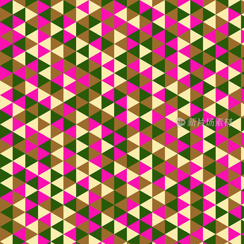 没有相同颜色的相邻三角形，没有间隙。等边三角形等边，可重复的图案背景插图。