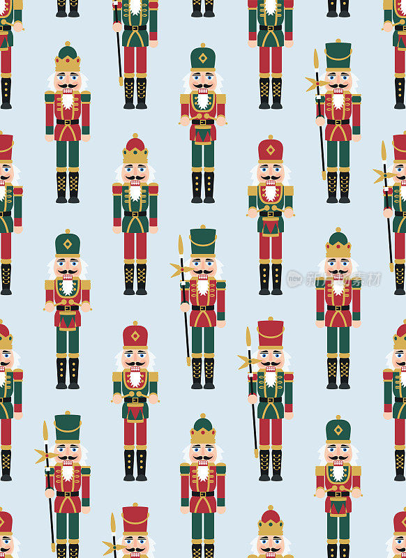 圣诞胡桃夹子人物-无缝模式与玩具士兵娃娃装饰