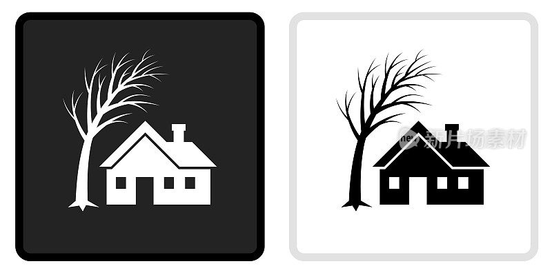 房子和树图标上的黑色按钮与白色翻转