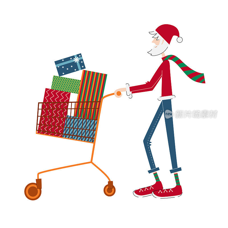 又高又瘦的现代圣诞老人推着购物车送圣诞礼物。