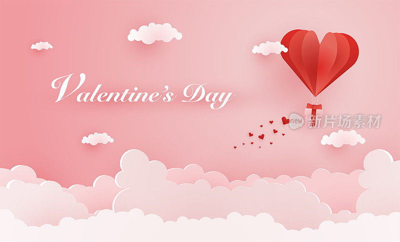 折纸制作的热气球在空中飞翔，心形漂浮在空中，爱情和情人节的插画，矢量纸艺术和工艺风格的插画。