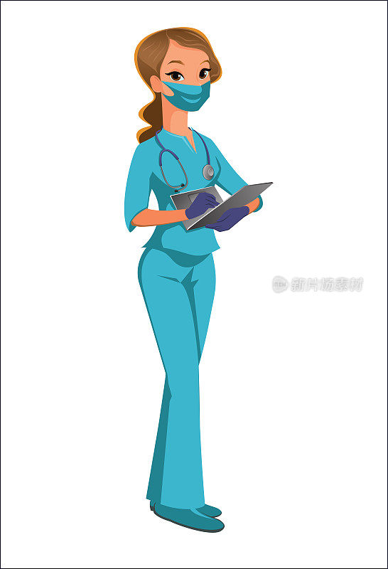 医护人员戴着口罩，手提电脑