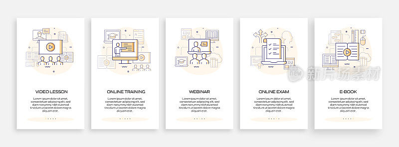 电子学习，在线教育和远程教育相关的移动应用程序页面屏幕与平面图标。用户体验，用户界面设计模板矢量插图