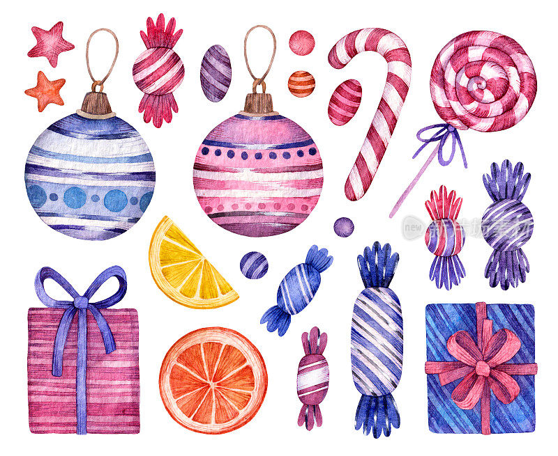 水彩圣诞套装礼品盒，糖果，糖果，棒棒糖和圣诞球。水彩插图孤立的白色背景。