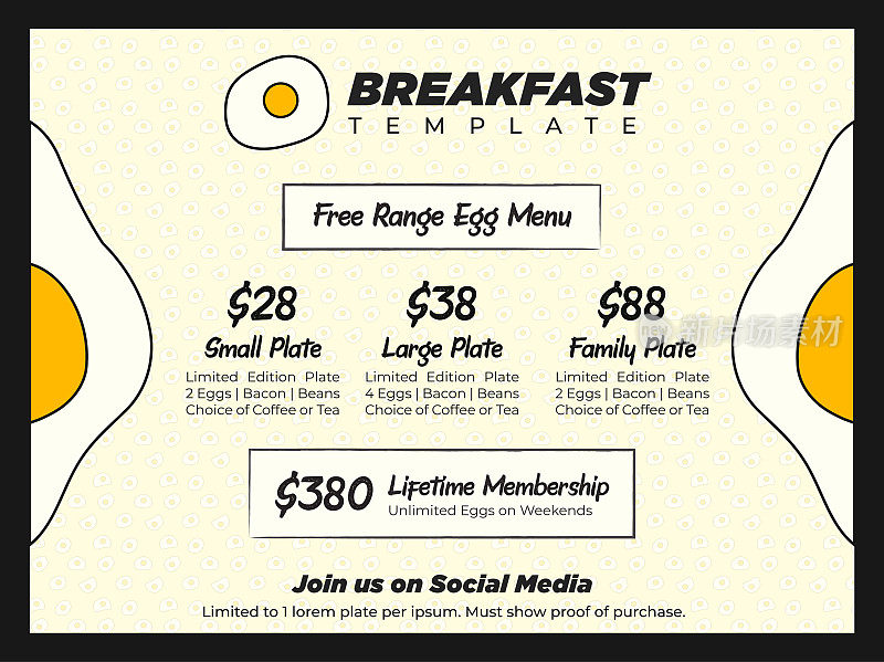 有趣和创造性的早午餐或早餐促销菜单模板与鸡蛋图案和巨型鸡蛋图标销售传单或海报模板。