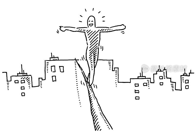 绳索平衡杂技演员在城市建筑图纸