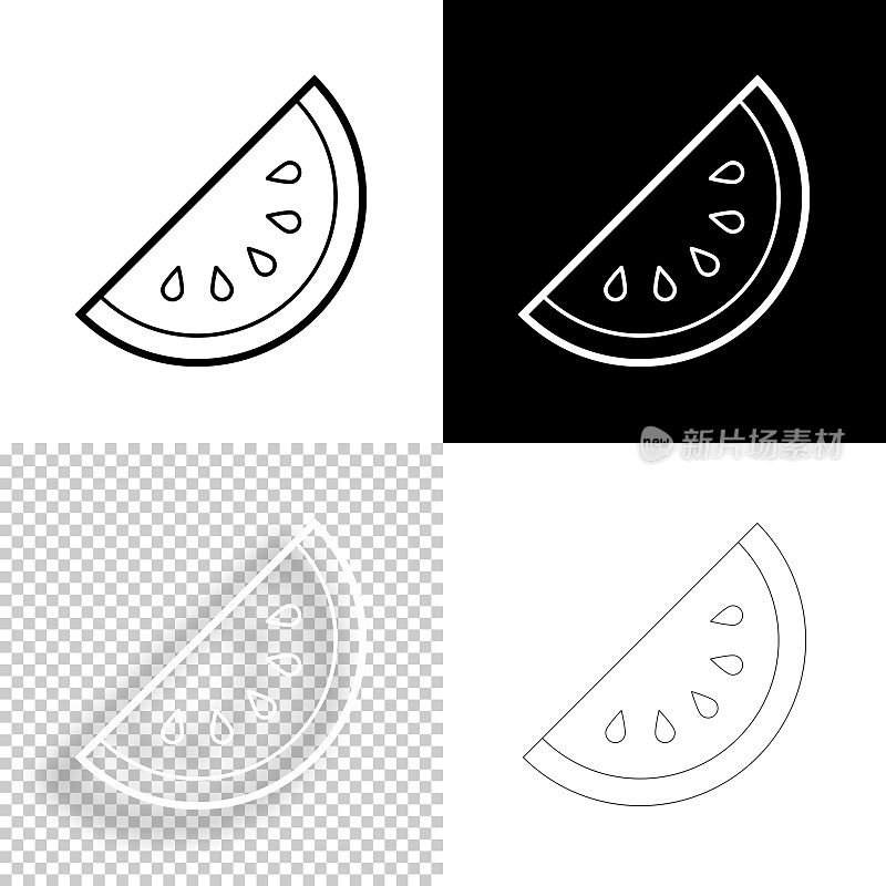 片西瓜。图标设计。空白，白色和黑色背景-线图标