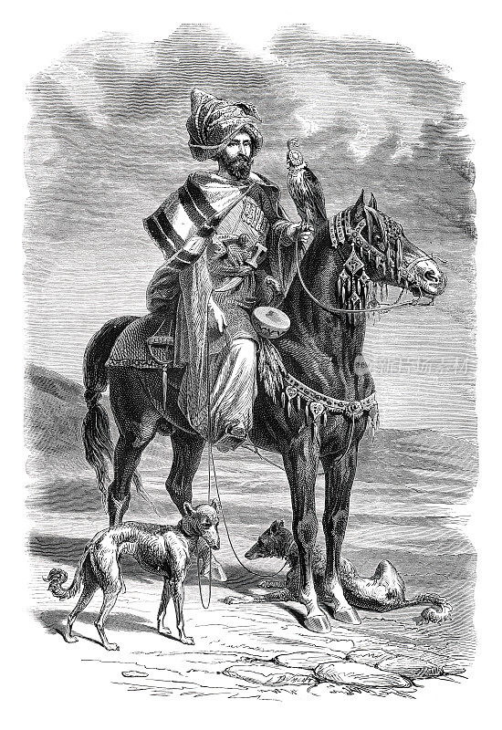 1862年，穿着传统服装的土耳其库尔德人骑着马与猎鹰狩猎