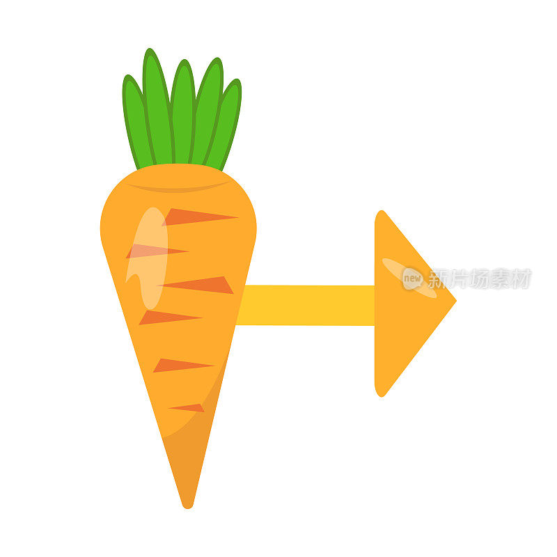 明亮的橙色胡萝卜和指示方向的箭头在白色背景图标超市