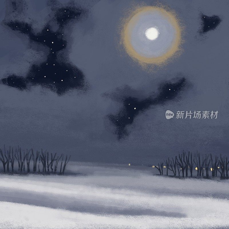 风景美丽的幻想。舒适的冬天的夜晚。月亮在天上。自然的数字插图。光栅图片孤立在白色。艺术作品油画风格的海报，卡片，印刷，贴纸，装饰