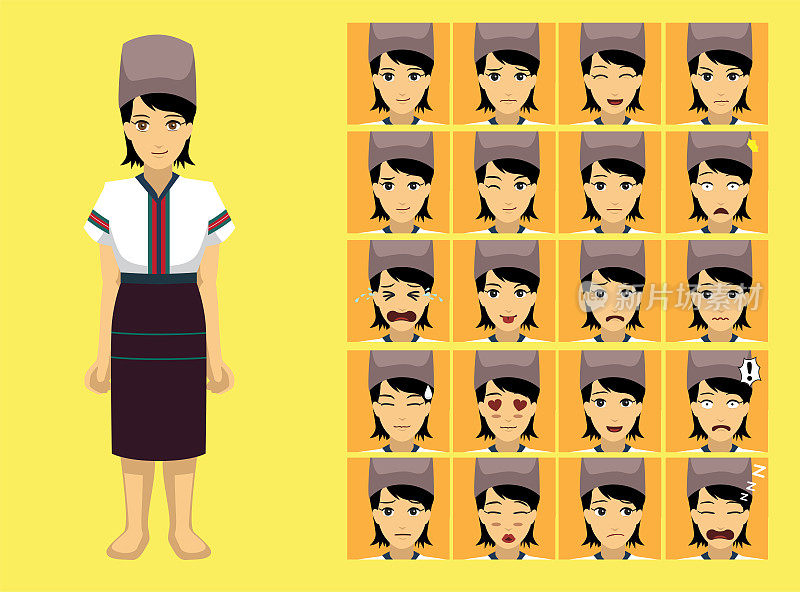漫画风格缅甸僵尸Chin女性服装卡通人物情感