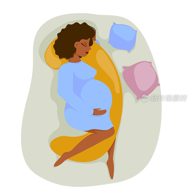 大肚子的孕妇睡在怀孕枕头上。未来母亲健康睡眠理念。平面设计。