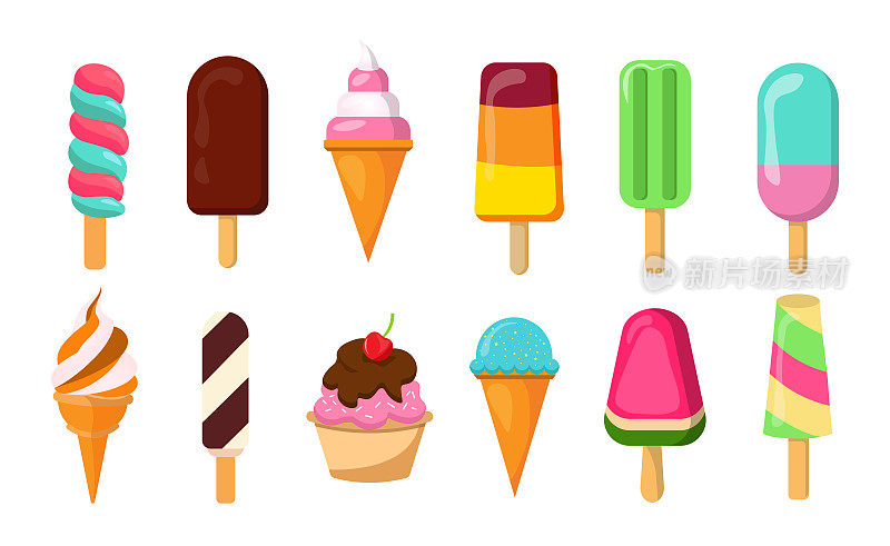 丰富多彩的水果冰淇淋概念。夏季口味新卡通冰淇淋系列的扁平风格。矢量插图的12块美味多彩的冰淇淋。