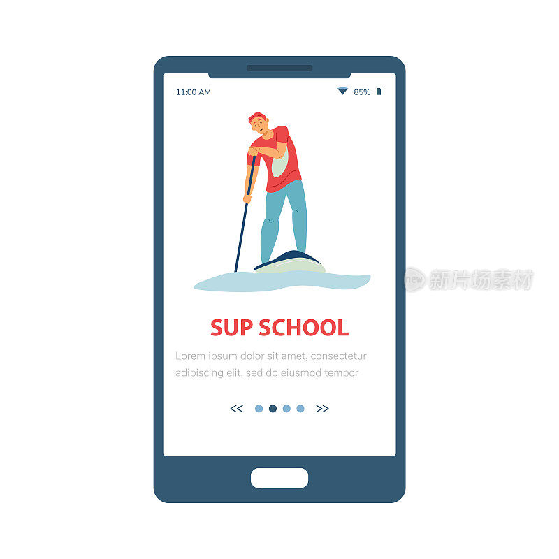 SUP或站起来冲浪学校板载屏幕，平面矢量插图。