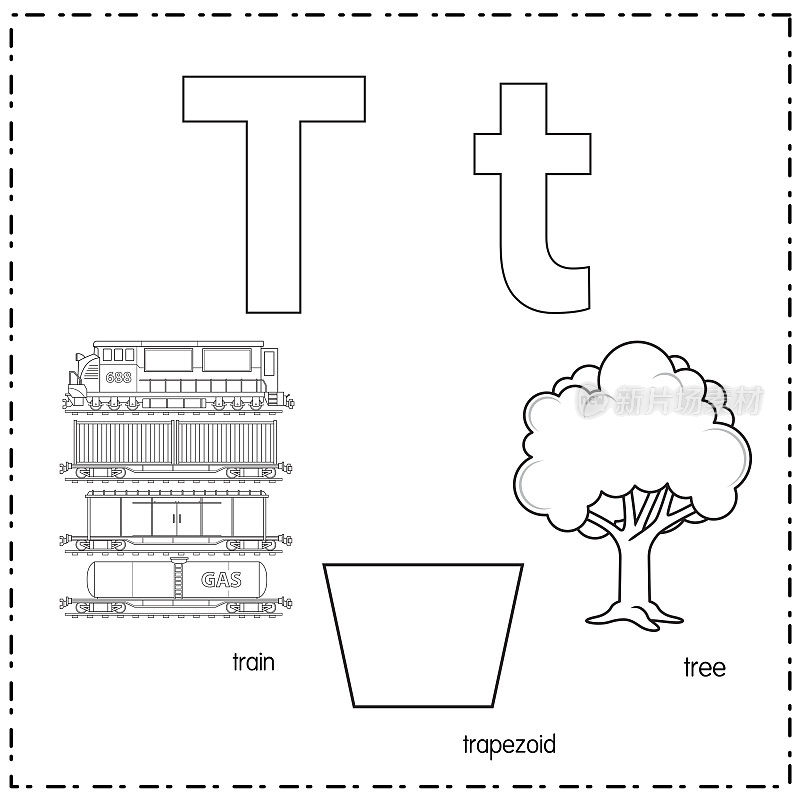 向量插图学习字母T的小写和大写的儿童与3卡通图像。火车梯形树。