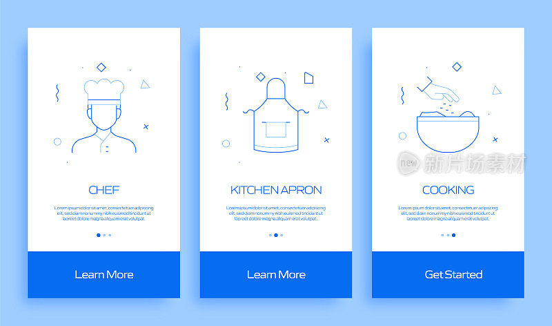在移动应用页面上使用扁平图标的烹饪概念。用户体验，UI设计模板矢量插图