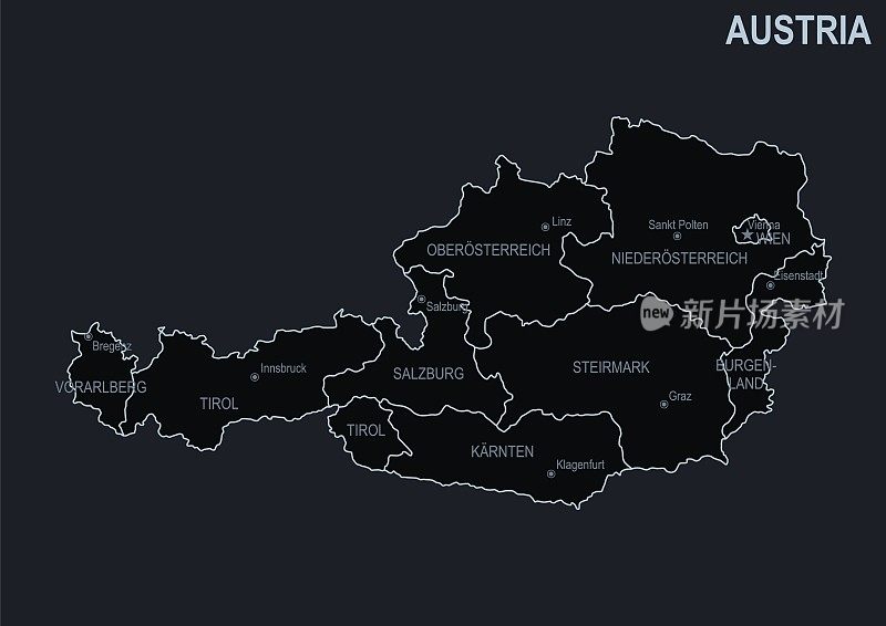 在黑色背景上的奥地利城市和地区的平坦地图