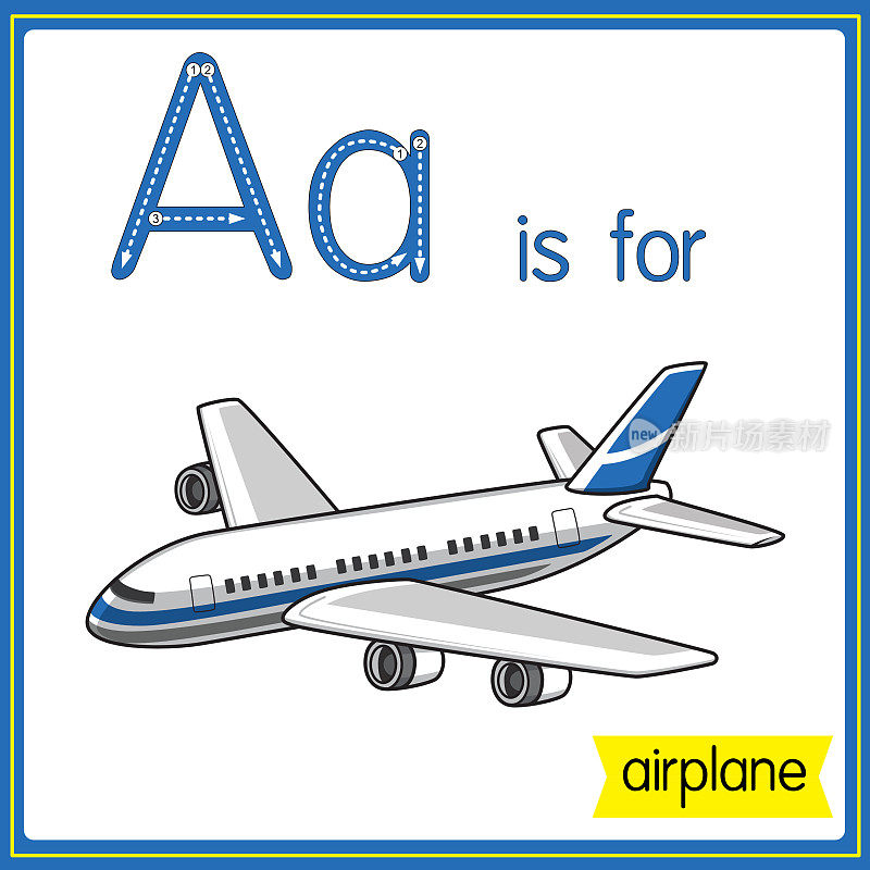 矢量插图学习字母为儿童与卡通形象。字母A代表飞机。