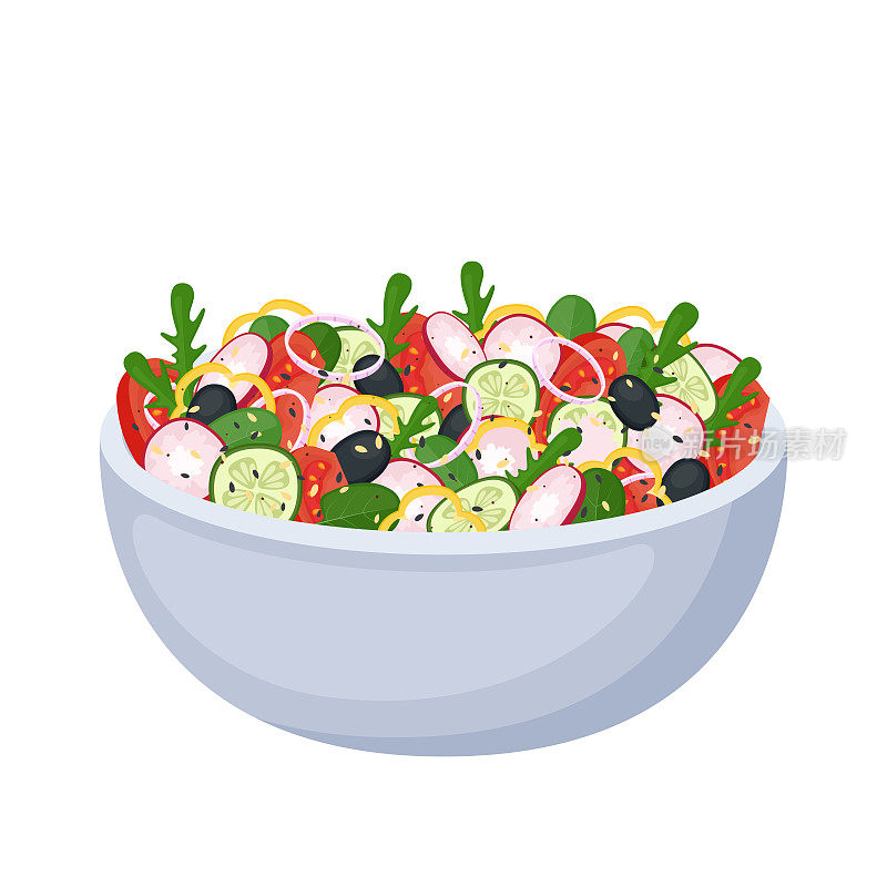用新鲜蔬菜、绿色蔬菜和橄榄自制沙拉。健康食品。素食或素食餐。矢量图