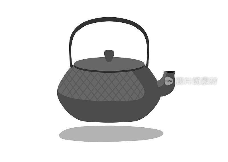 抹茶茶壶。日本铸铁水壶。亚洲传统茶壶。日本茶道用的餐具。抹茶茶配件。准备抹茶茶。南布Tekki锅。平面矢量插图。