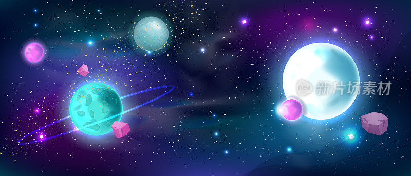 空间背景，矢量宇宙星系天空，宇宙夜晚霓虹灯行星视图，科幻游戏插图。