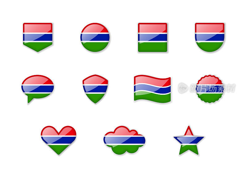 冈比亚——不同形状的闪亮旗帜。