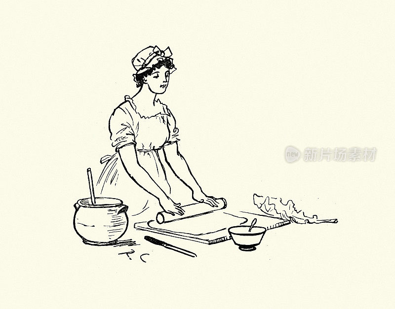 19世纪维多利亚时代的一名年轻女子正在擀面皮做馅饼