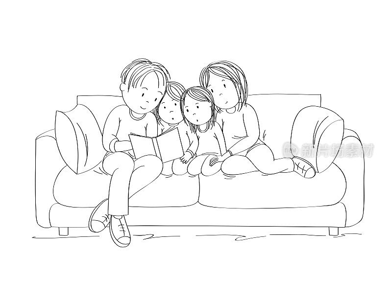 幸福的一家人坐在沙发上一起阅读-原创手绘插图