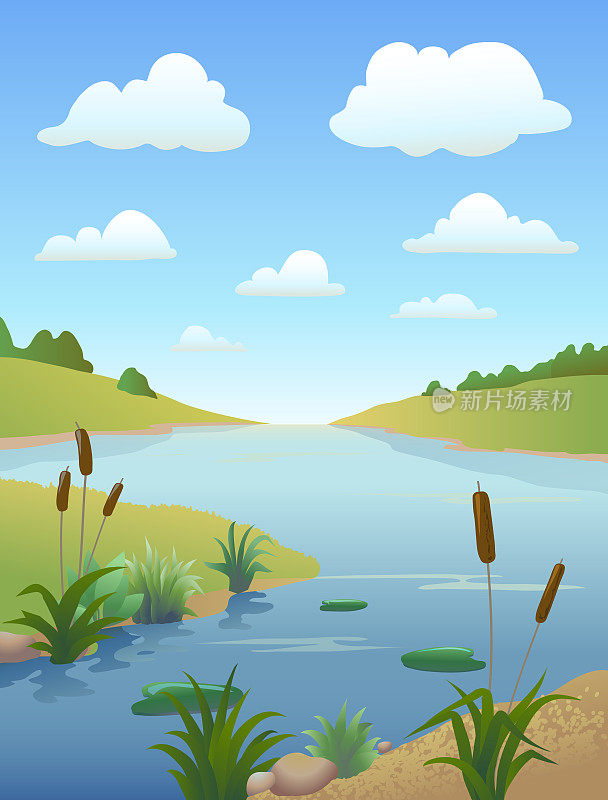 卡通河流或湖泊和芦苇，其他淡水植物与云蓝色的天空。垂直自然景观水边背景