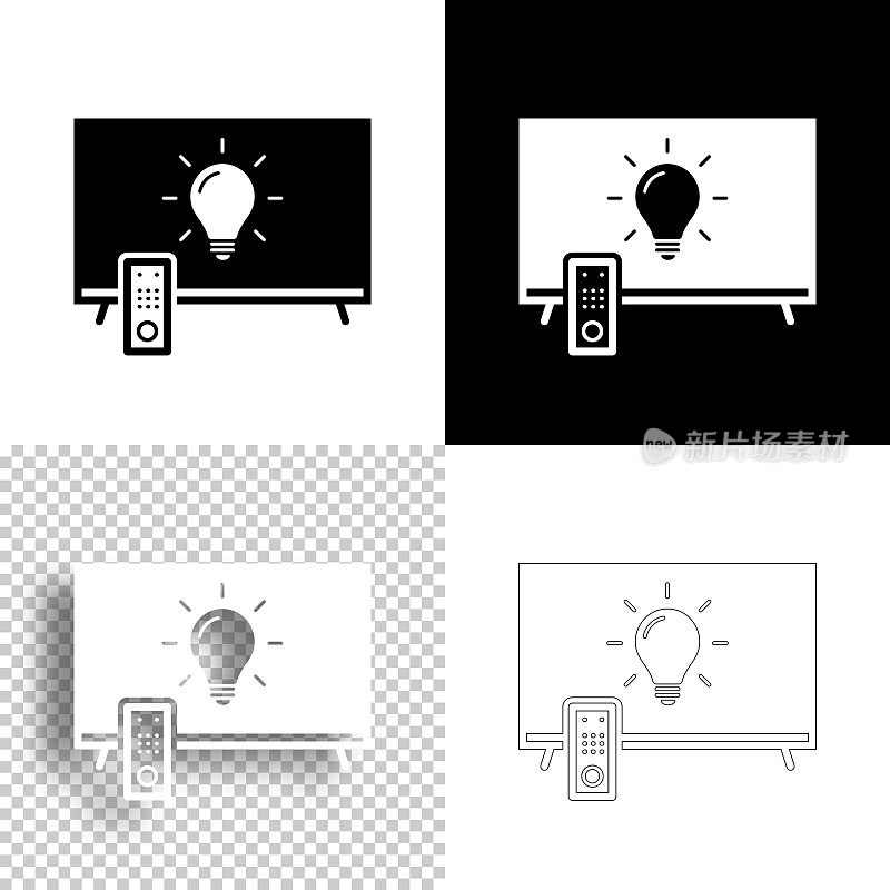 带灯泡的电视。图标设计。空白，白色和黑色背景-线图标